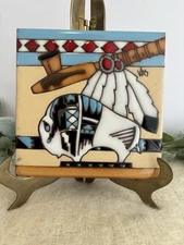 Vintage Earthtones Collectible Tile Buffalo Feathers Pipe 1990 Signed 