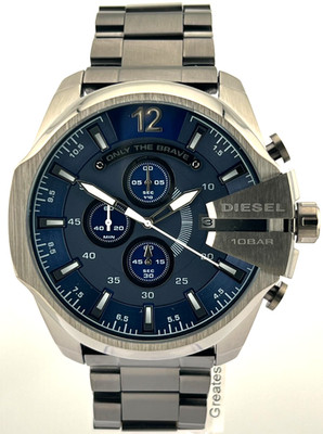 NEW DIESEL MEGA CHIEF DZ4329 CHRONOGRAPH BLUE DIAL STAINLESS 52 MM MENS WATCH