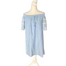 Old Navy Off the Shoulder Embroidered Chambray Shift Dress Womens Size Small