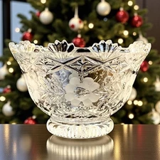 ABP McKee Cut Crystal Pedestal Punch Bowl Ornate Rose Floral Scallop Sawtooth 9”
