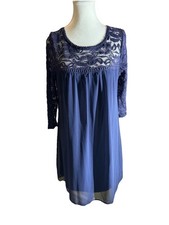 Navy Blue Lace Chiffon Babydoll Dress Sheer Sleeves Coquette Fairycore Size L