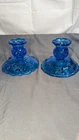 Pair of Vintage Fenton Royal Rose Blue Glass Candlesticks