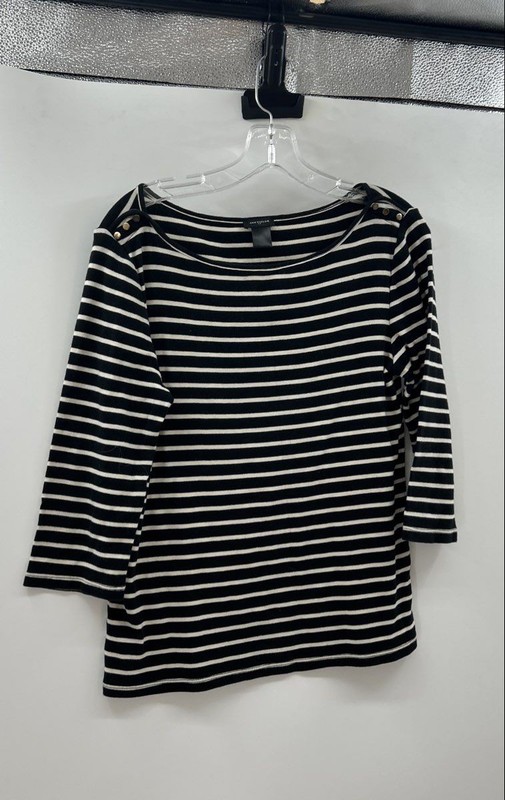 Ann Taylor Womens Black White Striped Boat Neck Pullover Blouse Top Size L