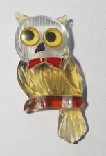 Vintage 1940's Lucite Acrylic Googly Eyes Golden Owl 3 1/4" Pin Brooch