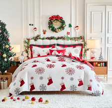 Christmas White Duvet Cover Set Queen Size 3 Pieces with Red Gray Snowflake and