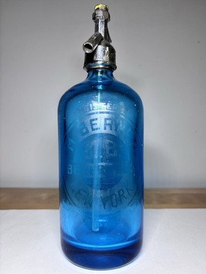 Antique M. Berner Beverages New York Blue Glass Seltzer Bottle Syphon Embossed