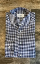  395 NWT Eton Slim-Fit Navy Checked Plaid 100 Cotton Dress Shirt Size 38 15 