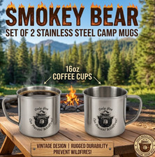 Smokey Bear Stainless Steel Camp Mug 16oz Coffee Cup Prevent Wildfires Set of 2
