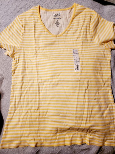 Neu mit Etikett Croft & Barrow klassisches Damen-T-Shirt mit V-Ausschnitt gelb weiß gestreift Gr. XL - Bild 2 von 4