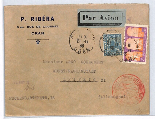 France ALGERIA Cover 1933 Oran *GERMANY AIR MAIL* Leipzig via PARIS YV259 - Picture 2 of 12