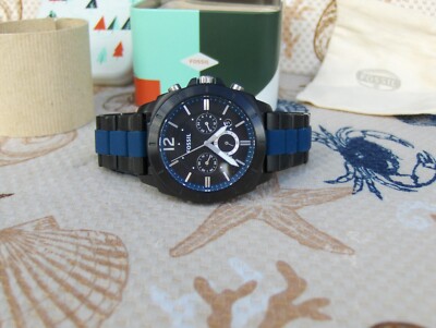 FOSSIL BQ 2195 SPORT EYE CHRONOGRAPH DATE WINDOW 2 TONE BLACK & BLUE BRACELET