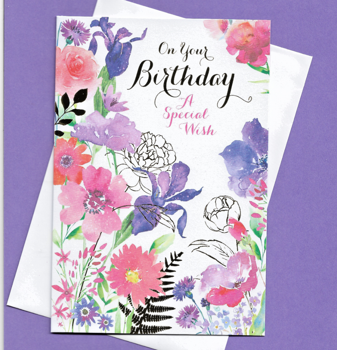 Birthday Card Female Lady Woman Ladies Open Floral Flowers Purple 19x13cm