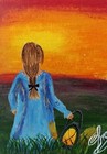ACEO Original Acrylic Painting A LITTLE GIRL WITH LAMP Miniature Art Card New