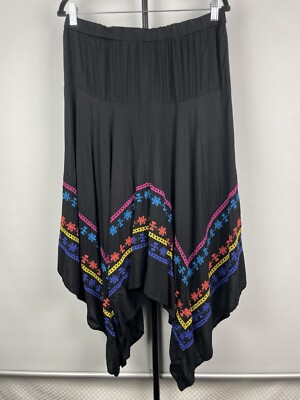 Azel Hazel Black Colorful Embroidered Handkerchief Hem Elastic Waist Skirt Sz L