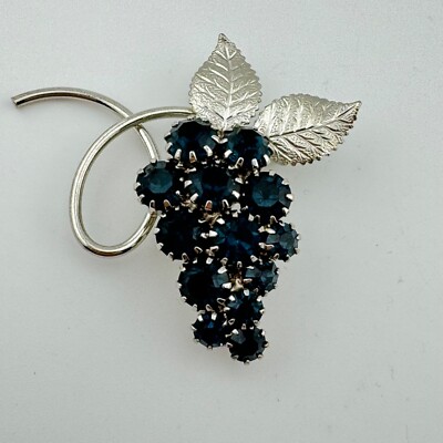 2'' Vintage Silver Tone Blue Rhinestone Grape Cluster Vine Brooch
