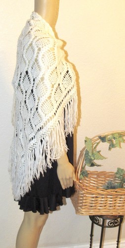 Boho Gypsy Soft Crochet Fringe Vintage Ivory Shawl/Wrap - Picture 11 of 11