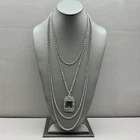 Vintage Goldette Multi Strand Silver Tone Necklace Green Crystal Pendant 26"