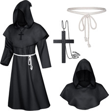 Medieval Renaissance Monk Friar Priest Wizard Cloak Hooded Robe Cosplay Belt Nec