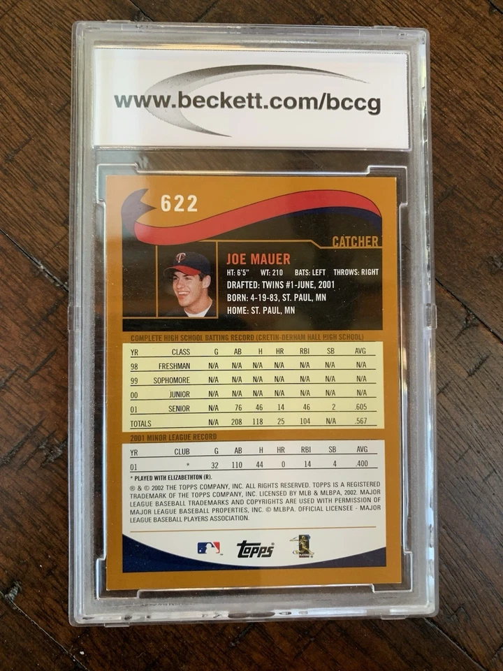 2002 TOPPS #622 JOE MAUER TWINS ROOKIE RC BECKETT BCCG - 10 MINT - Image 2 of 2