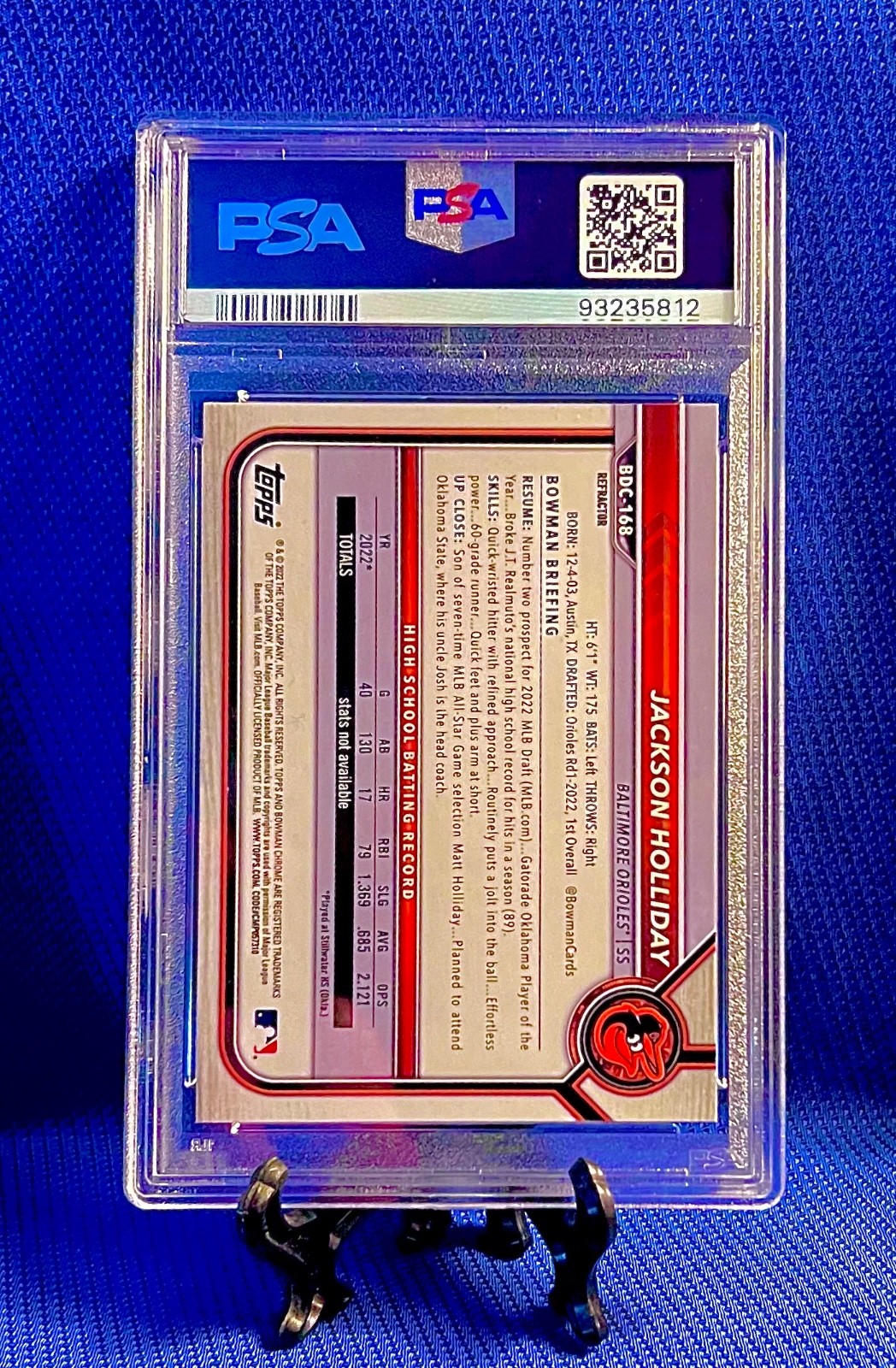 Jackson Holliday 2022 Bowman Draft 1st Chrome Refractor #BDC168 PSA 10 GEM MINT view 4
