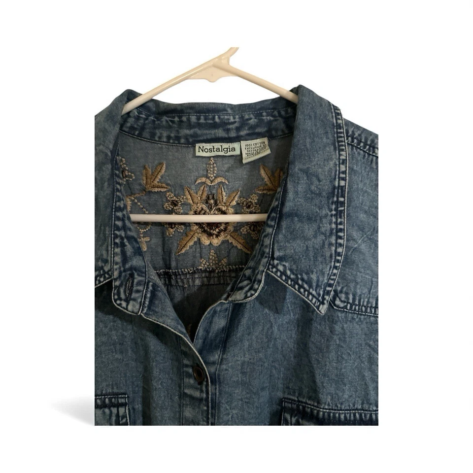 Vintage Nostalgia Denim Shirt Dress Beautiful Embroidery On Back Plus 3x Boho - Image 3 of 4