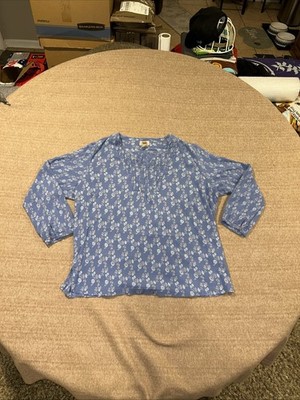 Y2K Boho Shirt Womens 2X Floral Pleated V Neck Flowy Long Sleeve