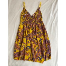 Derek Heart Yellow Paisley Studded Smocked Mini Dress Womens Small Boho Festival