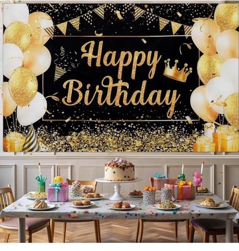 Happy Birthday Party Backdrop Banner for Men Women Black Gold Balloons Glitte...