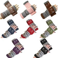 Cat Embroidery Splicing Knitted Gloves for Women Fashion Warm Leaky Finger Glove