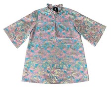 Brianna Cannon Pastel Metallic Butterfly Garden Caftan Ruffle Neck Dress L/XL