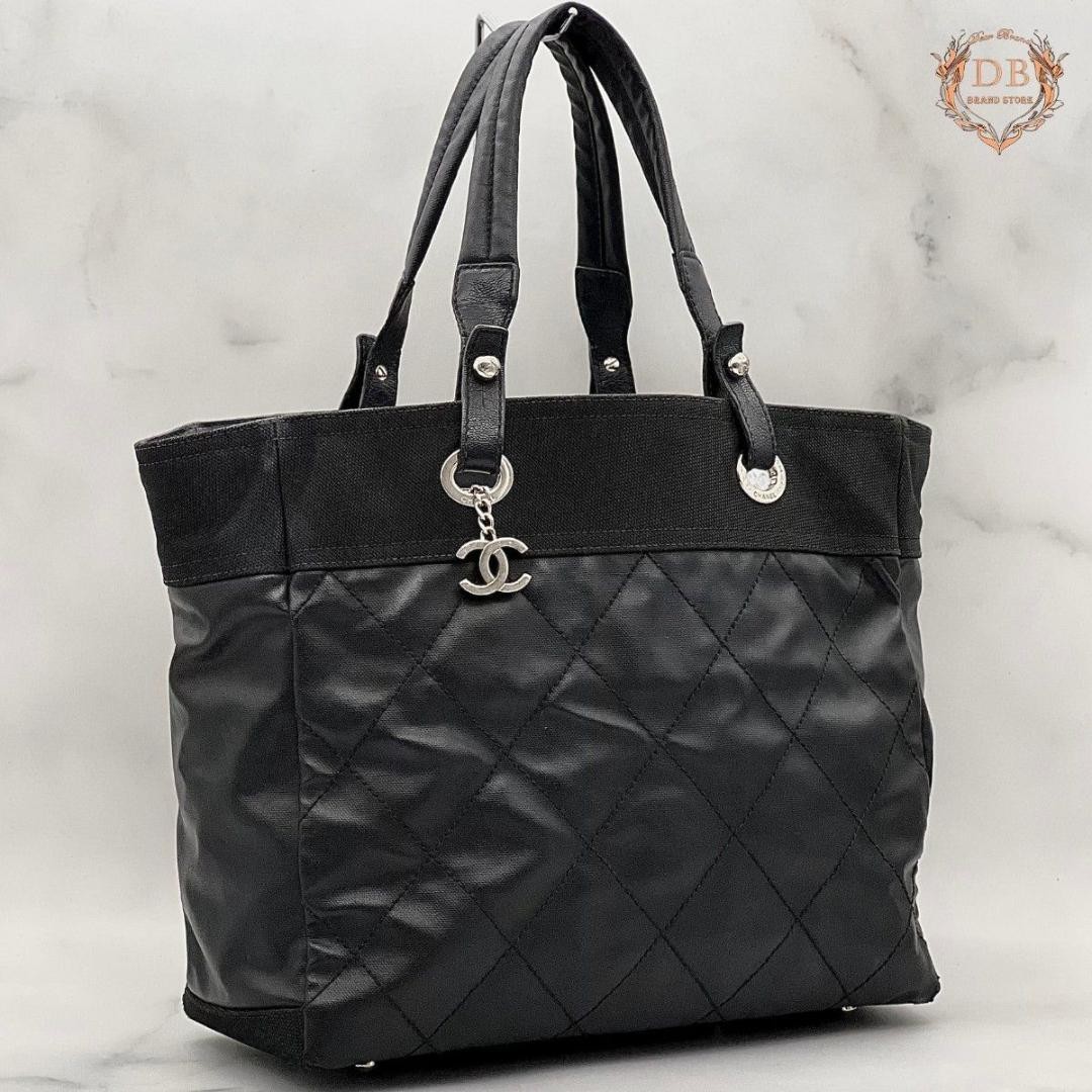 CHANEL Paris Biarritz MM Black Tote with Coco Charm A4 Size Shoulder Bag