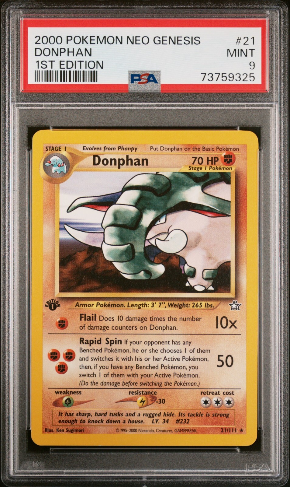 Pokémon TCG Donphan Neo Genesis 21 Regular 1st Edition Rare 2000 PSA 9 Mint