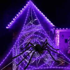 Halloween Decorations Outdoor,17.7Ft Giant Spider Web with 225 Purple LED Lights