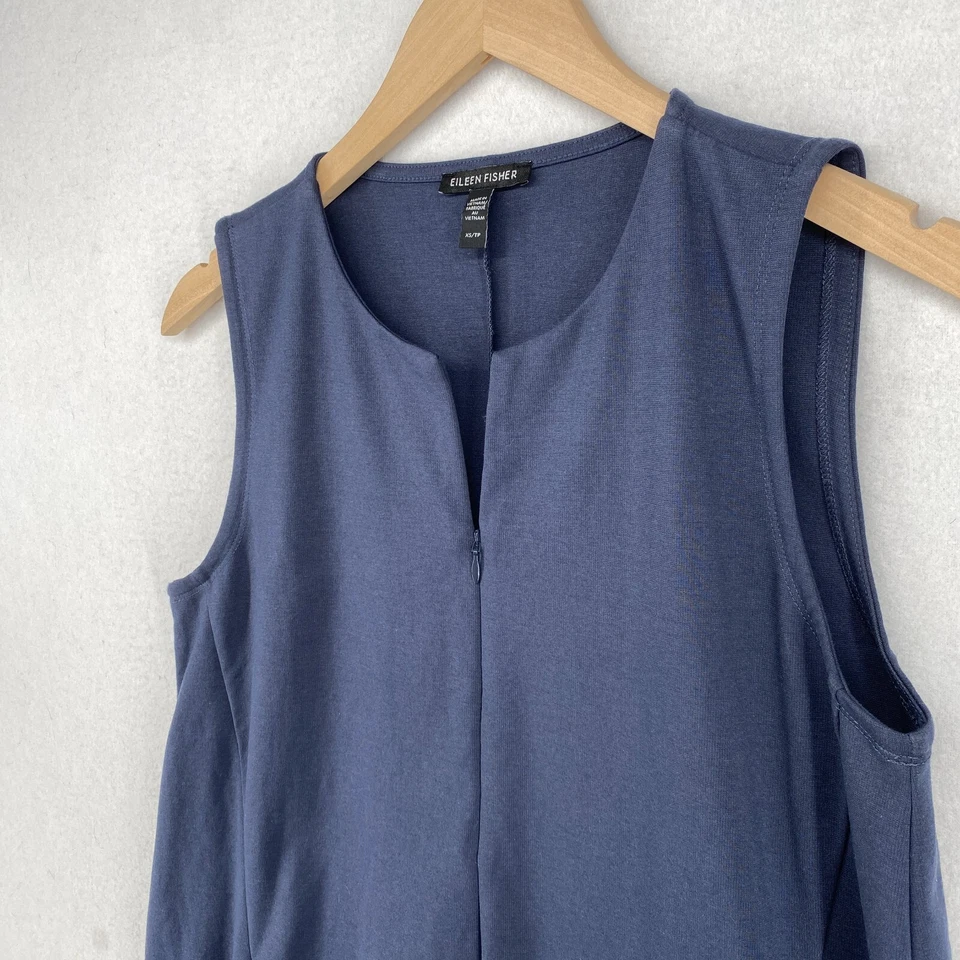 EILEEN FISHER 连衣裙 XS 有机棉混纺 Ponte 拉链换档无袖蓝色 — 第 2/4 张图片