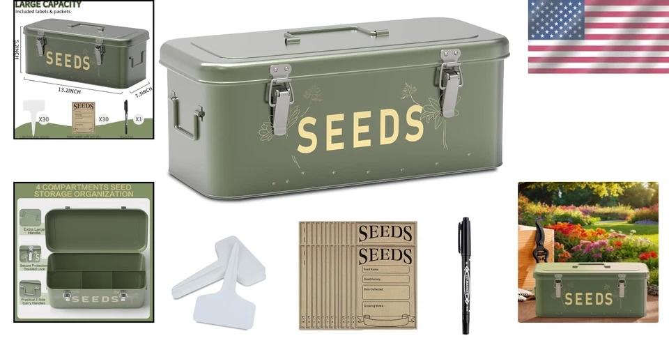 Durable Metal Seed Storage Organizer with 30 Labels & Envelopes - Portable Green - Image 2 of 4