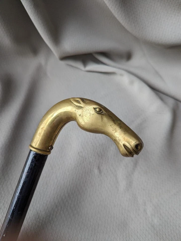 古董黄铜拐杖马头手柄手杖 EQUESTRIAN 复古 — 第 2/4 张图片