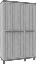 3-Door Storage Cabinet w/ Inner Shelves, Grey Plastic Storage w/ Wooden Texture