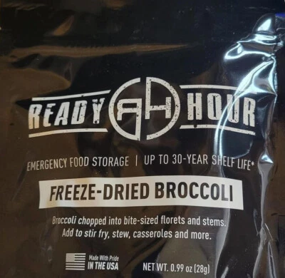READY HOUR ESSENTIALS Freeze-Dried Broccoli Single Pouch 30 Year Shelf Life 8 Serving Emergency Food