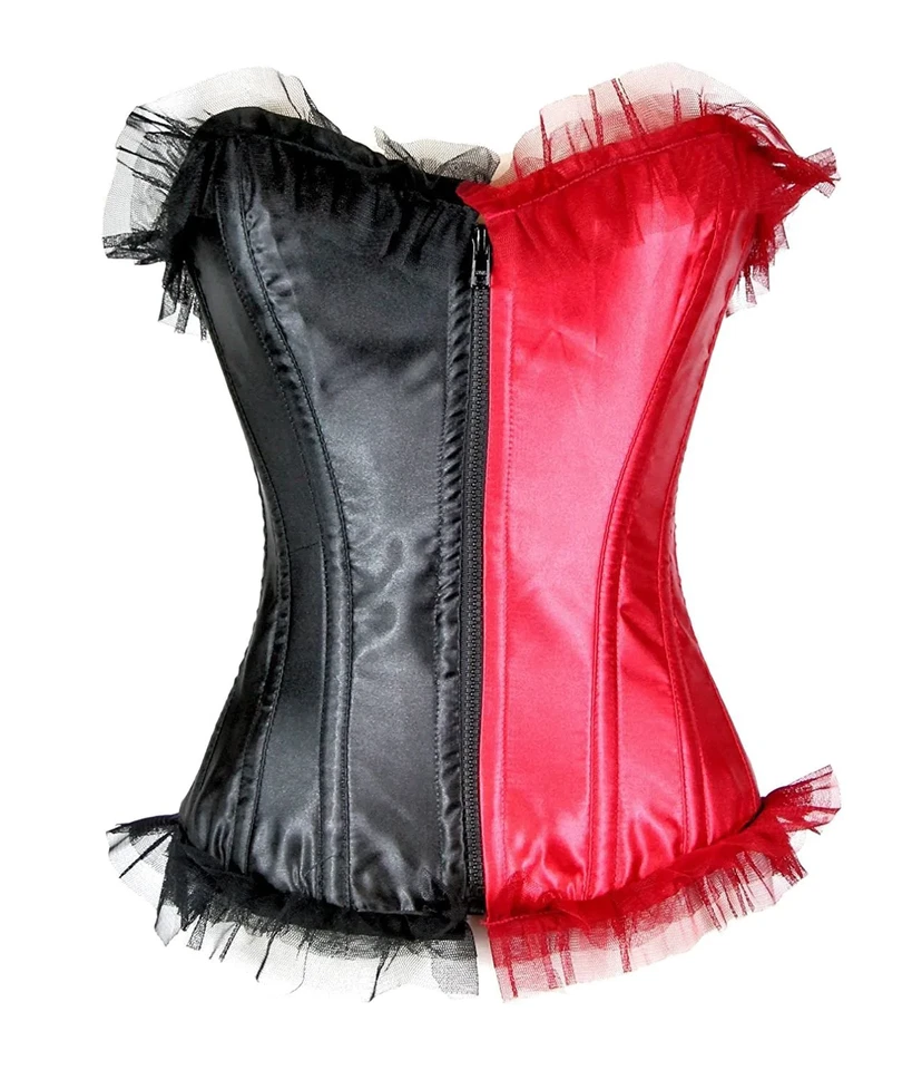 Conjunto de 2 piezas de corsé y falda para mujer negro rojo arlequín sexy disfraz malla satinada Foto 3 de 4