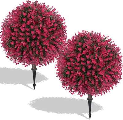 26'' Red Eucalyptus Topiary Ball Tree Set of 2 - UV Resistant Outdoor Decor