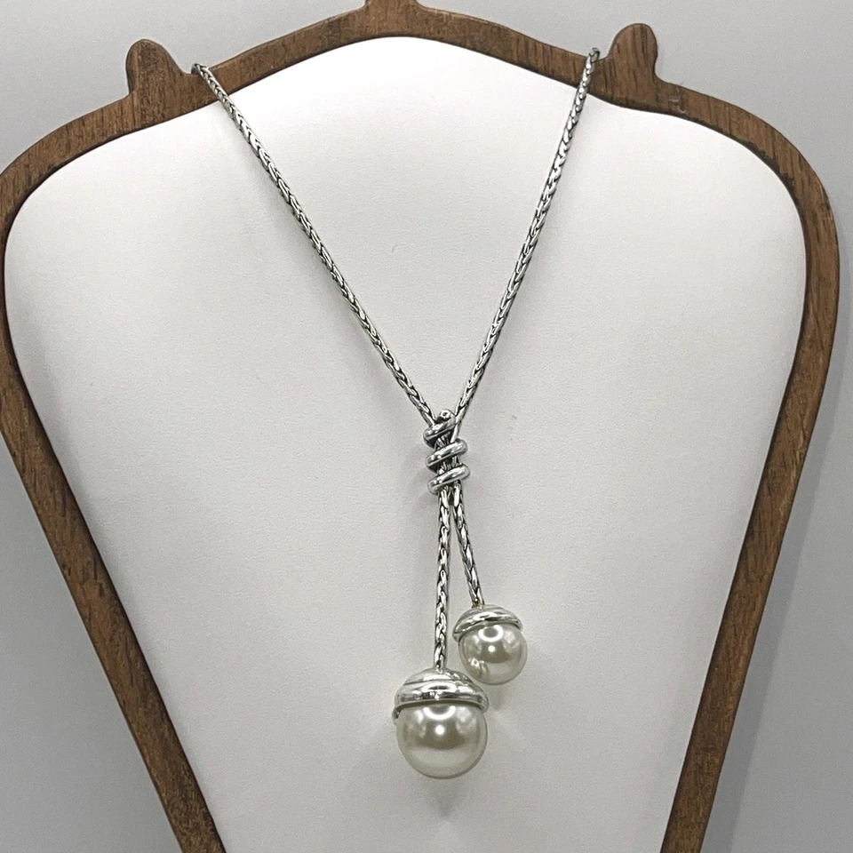 "Collar Brighton Twist Perla Y Ajustable 18-20"" Tono Plateado Imitación Perla Gotas" Foto 2 de 4