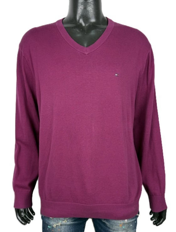 Tommy Hilfiger Maglione Uomo Taglia XL Viola Bordeaux Cotone Scollo V Logo