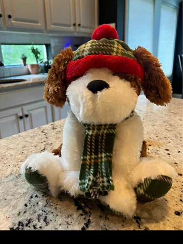 Gentle Treasures Plush Stuffed Dog w/ Plaid Winter Hat & Scarf, Christmas