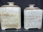 Pair Of Frankoma Pottery Grey “Mayan Aztec” Design Flour/bisquit Canisters
