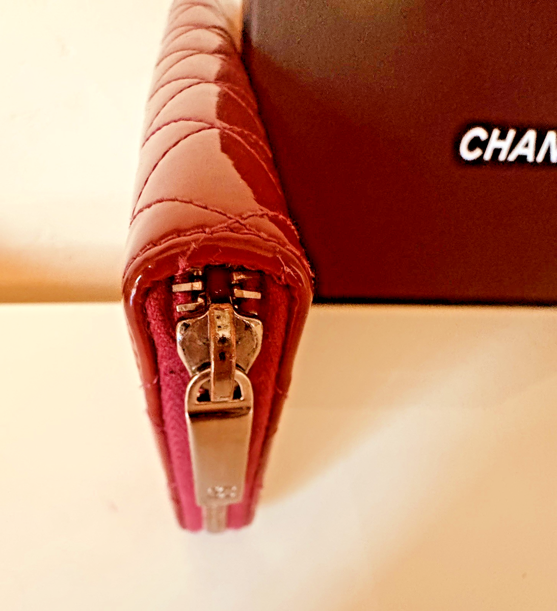 CHANEL Red Quilted Patent Leather Matelassé Long Zip Around Wallet
