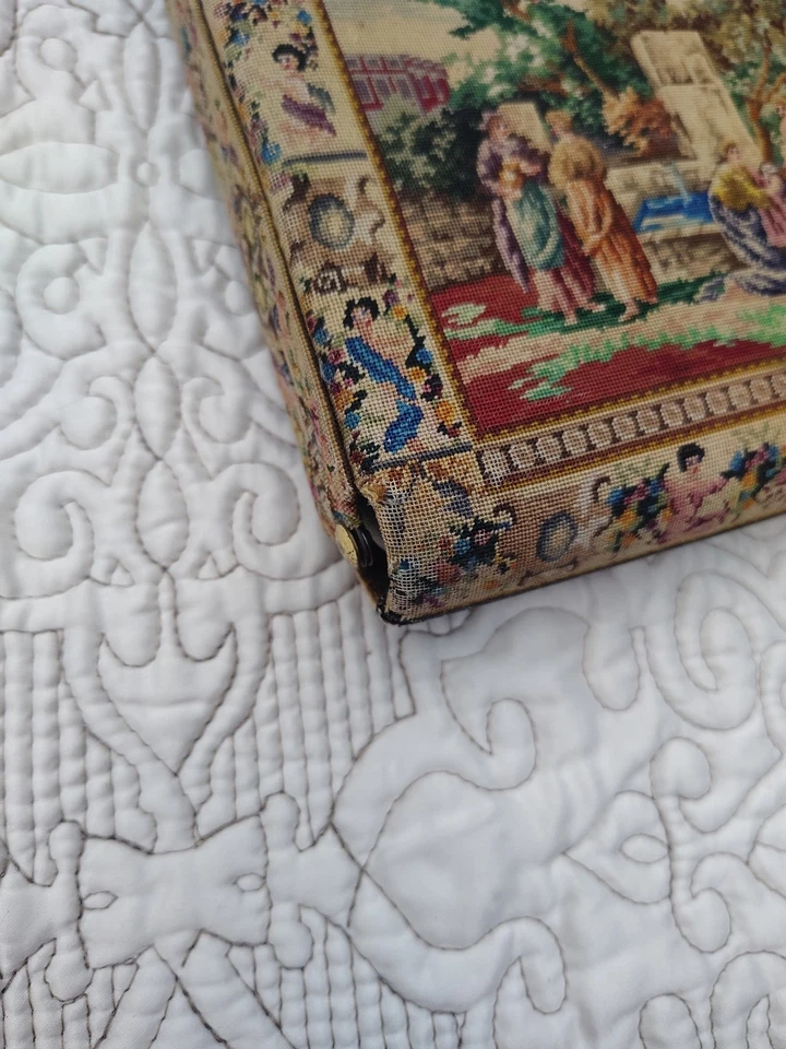 vintage petit point purse with a scenic tapestry design and a turquoise-colored - Image 2 of 4