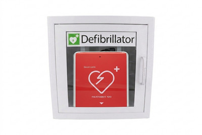 Set Defibrillator AED Reanibex 100 Vollautomat 2026 mit Metallwandkasten und AED