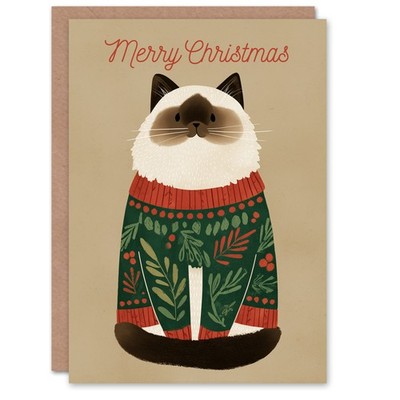 Christmas Card Cute Brown Point Ragdoll Cat in Festive Sweater