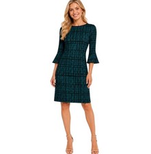 Liz ClaibornePlaid Bell Sleeve Dress Size 4 Green Office Classic