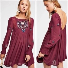 Free People Moya Embroidered Pullover Mini Dress in Plum Sz S